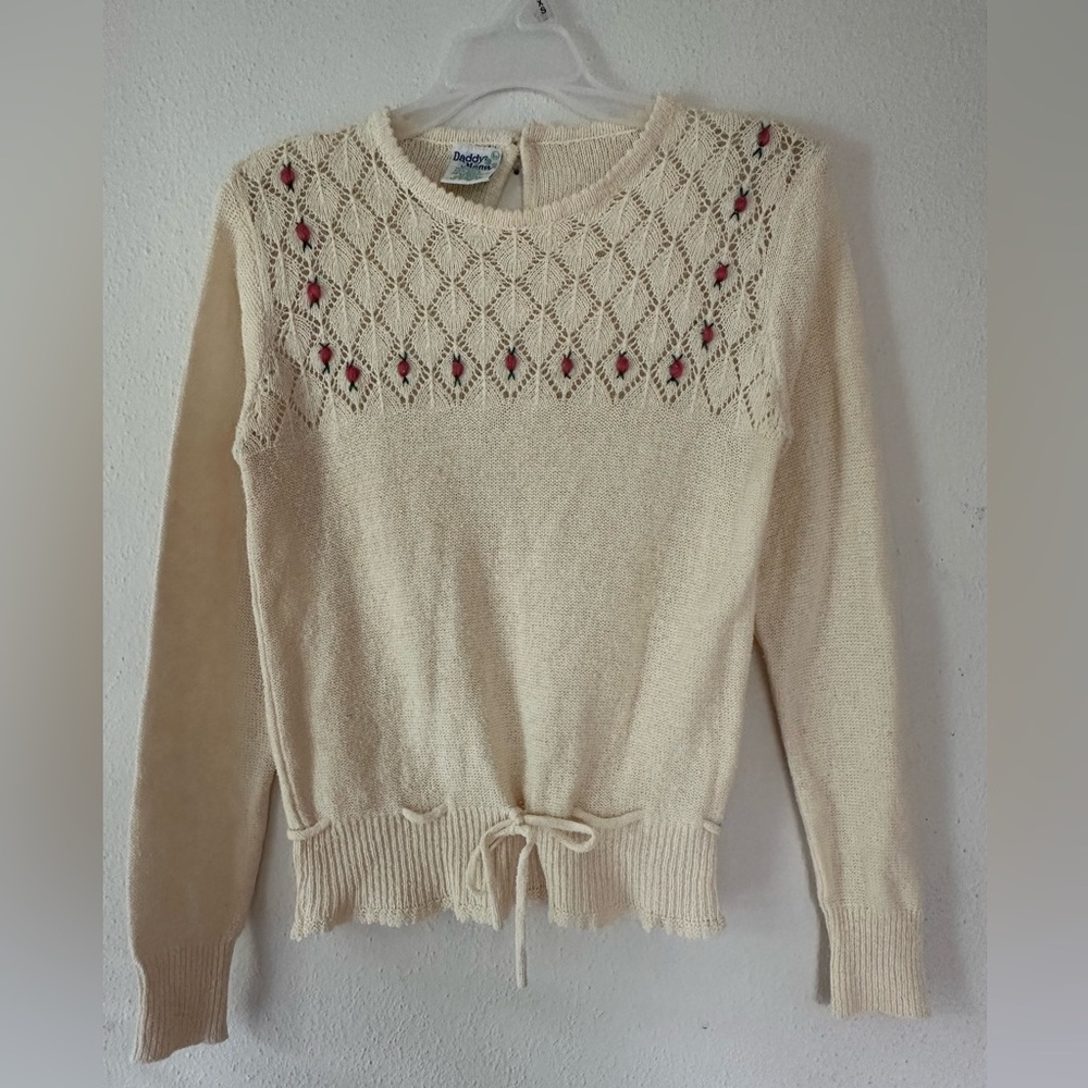 Vintage cream crochet knit jumper, knit embroidered sweater , Daddy’s Money top